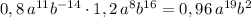 0,8\, a^{11}b^{-14}\cdot 1,2\, a^8b^{16}=0,96\, a^{19}b^{2}