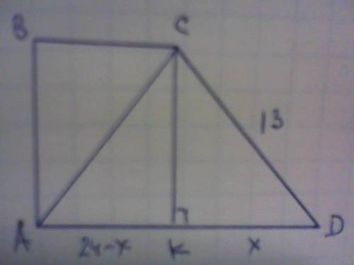 Впрямоугольной трапеции большая боковая сторона равна 13, а большее основание - 24 см. найдите перим