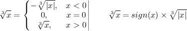 \displaystyle \sqrt [3]x=\left. \left\{\begin{matrix}&#10;-\sqrt[3]{|x|}, &x\ \textless \ 0\\ 0, & x=0 \\ \sqrt [3]x, &x\ \textgreater \ 0 \end{matrix}\right.&#10;\right| \qquad \sqrt [3]x=sign(x)\times\sqrt[3]{|x|}