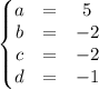 \left\{\begin{matrix}&#10; a&= &5 \\ &#10; b&= &-2 \\ &#10; c& = & -2\\ &#10; d&= &-1 &#10;\end{matrix}\right.