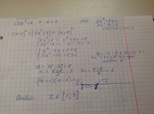 Срешением: корень из (2x^2 + 7) меньше или равно x + 2 вроде решается системой