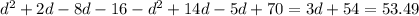 d^{2} +2d-8d-16- d^{2} +14d-5d+70=3d+54=53.49