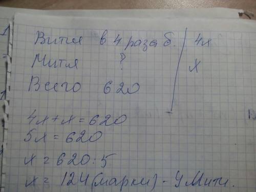 Увити и мити 620 марок, причём у вити в четыре раза больше марок, чем у мити. сколько марок у у мити