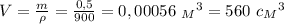 V= \frac{m}{\rho} = \frac{0,5}{900} =0,00056 \ {_M}^3=560 \ c{_M}^3