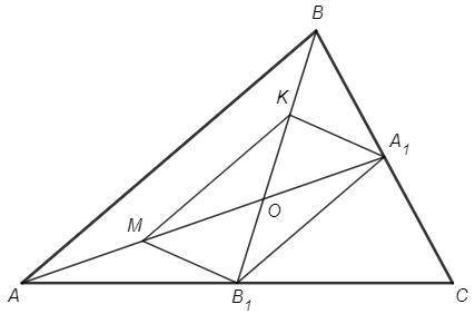 Втреугольника авс медианы аа1 ,вв1 пересекаются в точке о.в треугольник аов - средняя линия км.докаж