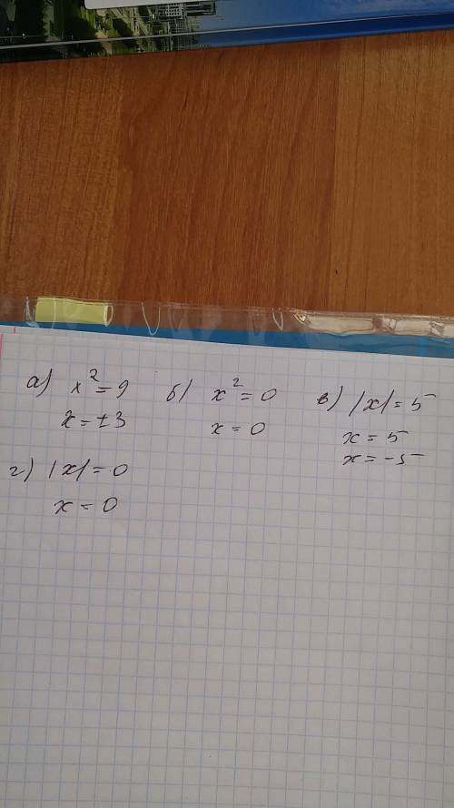 Решите уравнение: a)x во второй степени=9 б)x во второй степени=0 в)/x/=5 г)/x/=0