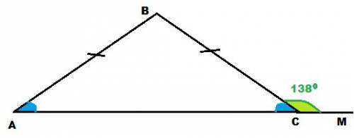 Вравнобедренном треугольнике авс с основанием ас внешний угол при вершине с равен 138градус. найдите