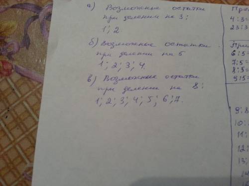 Какие возможные остатки при делении на: а) 3; б) 5; в) 8? соответствующие примеры. ,