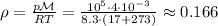 \rho = \frac{p\mathcal{M}}{RT} = \frac{10^5\cdot4\cdot{10}^{-3}}{8.3\cdot(17+273)} \approx 0.166&#10;