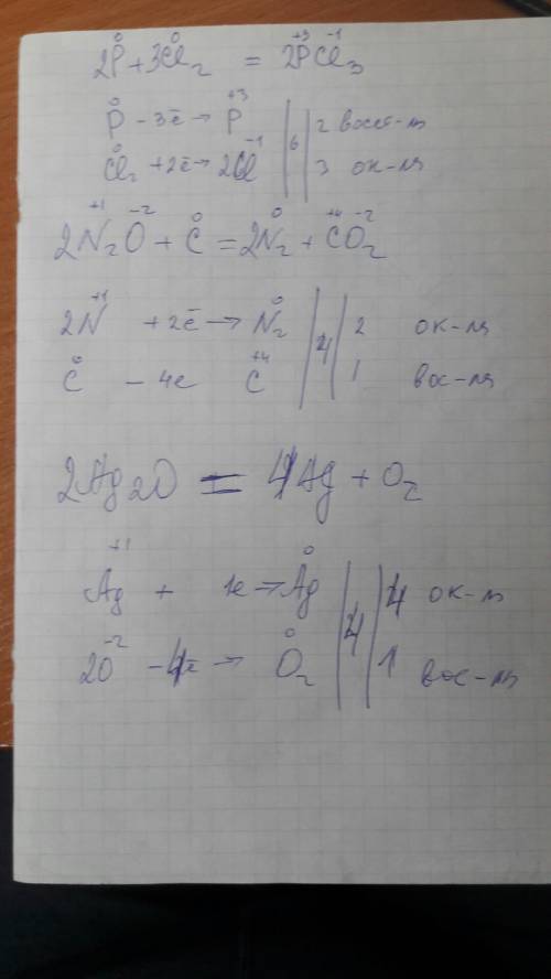 Расставьте коэффициенты методом электронного : а) р + сl2 → рсl3 б) n2о + с→ n2 + со2 в) аg2о → аg +