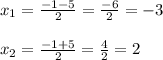 x_{1} = \frac{ - 1 - 5}{2} = \frac{ - 6}{2} = - 3 \\ \\ x_{2} = \frac{ - 1 + 5}{2} = \frac{4}{2} = 2 \\