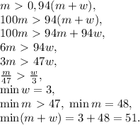 m\ \textgreater \ 0,94(m+w), \\ 100m\ \textgreater \ 94(m+w), \\ 100m\ \textgreater \ 94m+94w, \\ 6m\ \textgreater \ 94w, \\ 3m\ \textgreater \ 47w, \\ \frac{m}{47}\ \textgreater \ \frac{w}{3}, \\ \min w = 3, \\ \min m\ \textgreater \ 47, \ \min m = 48, \\ \min (m+w) = 3+48=51.