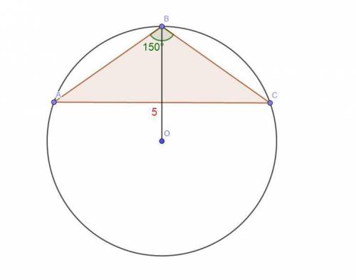 Радиус окружности, описанной около треугольника abc, равен 5. если угол b = 150, то сторона ac