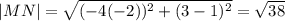 |MN|= \sqrt{(-4(-2))^2+(3-1)^2} = \sqrt{38}