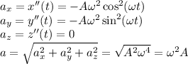 a_x = x''(t) = -A\omega^2\cos^2(\omega t)\\ a_y = y''(t) = -A\omega^2\sin^2(\omega t)\\ a_z = z''(t) = 0\\ a = \sqrt{a_x^2+a_y^2+a_z^2} = \sqrt{A^2\omega^4} = \omega^2A