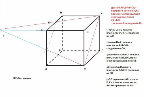 Дан куб abcda1b1c1d1 постройте сечение куба плоскостью проходящей через данные точки a)c1,k,d б)c1,k