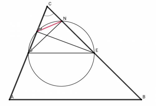 Утрикутнику abc на середній лінії de, паралельній ab, як на діаметрі побудовано коло, що перетинає с