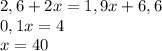 2,6+2x=1,9x+6,6\\0,1x=4\\x=40