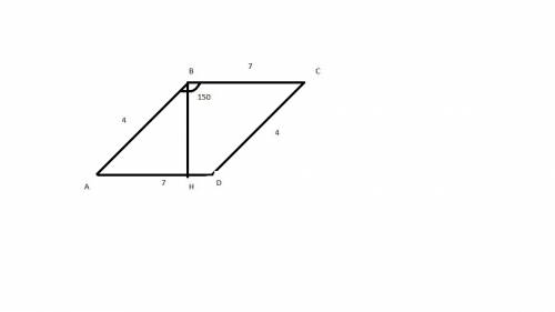 Стороны параллелограмма равны 4 см и 7 см, а угол между ними 150 градусов. найдите площадь параллело