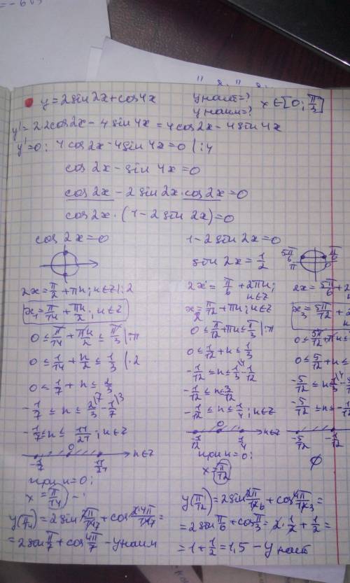 Найдите наибольшее и наименьшее значения функции y=2sin2x+cos4x на промежутке [0; pi/3]