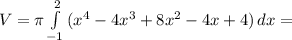 V= \pi \int\limits^2_{-1} {(x^4-4x^3+8x^2-4x+4)} \, dx =