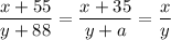 \dfrac{x+55}{y+88} = \dfrac{x+35}{y+a}= \dfrac{x}{y}