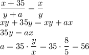 \dfrac{x+35}{y+a}= \dfrac{x}{y} &#10;\\\&#10;xy+35y=xy+ax&#10;\\\&#10;35y=ax&#10;\\\&#10;a=35\cdot \dfrac{y}{x} =35\cdot \dfrac{8}{5} =56