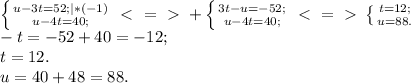 \left \{ {{u-3t=52;|*(-1)} \atop {u-4t=40;}} \right. \ \textless \ =\ \textgreater \ +\left \{ {{3t-u=-52;} \atop {u-4t=40;}} \right. \ \textless \ =\ \textgreater \ \left \{ {{t=12;} \atop {u=88.}} \right. \\ -t=-52+40=-12; \\ t=12. \\ u=40+48=88.