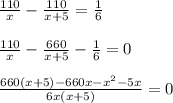 \frac{110}{x}- \frac{110}{x+5} = \frac{1}{6} \\ \\ &#10;\frac{110}{x}- \frac{660}{x+5} - \frac{1}{6}=0 \\ \\ &#10;\frac{660(x+5)-660x-x^2-5x}{6x(x+5)}=0 \\ \\ &#10;