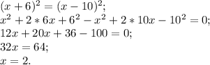 (x+6)^2=(x-10)^2; \\ x^2+2*6x+6^2-x^2+2*10x-10^2=0; \\ 12x+20x+36-100=0; \\ 32x=64; \\ x=2.