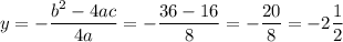 \displaystyle y=- \frac{b^2-4ac}{4a} =- \frac{36-16}{8} =- \frac{20}{8}=-2\frac{1}{2}