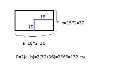 Растояние от центра прямоугольника до двух его сторон равна 15см и 18см. найдите периметр прямоуголь