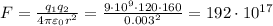 F = \frac{q_1q_2}{4\pi\varepsilon_0r^2} = \frac{9\cdot10^9\cdot120\cdot160}{0.003^2} = 192\cdot10^{17}