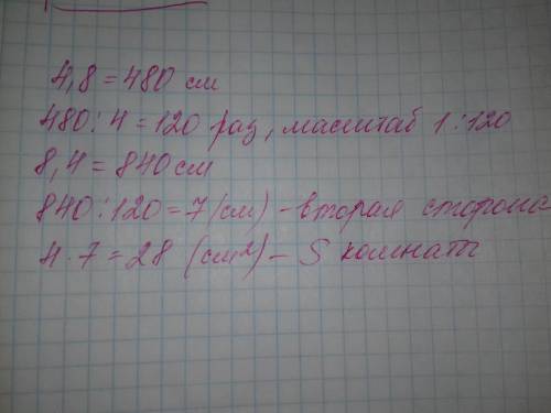 Измерения пола комнаты 4,8м и 8,4м.меньшая сторона изображения пола на плане равна 4см.вычислите пло