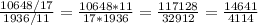 \frac{10648/17}{1936/11} = \frac{10648*11}{17*1936} = \frac{117128}{32912} = \frac{14641}{4114}