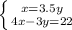 \left \{ {{x=3.5y} \atop {4x-3y=22}} \right.