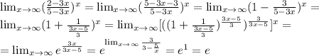 \lim_{x \to \infty} (\frac{2-3x}{5-3x} )^x= \lim_{x \to \infty} (\frac{5-3x-3}{5-3x} )^x= \lim_{x \to \infty} (1-\frac{3}{5-3x} )^x= \\ \lim_{x \to \infty} (1+ \frac{1}{\frac{3x-5}{3} } )^x=\lim_{x \to \infty} [( (1+ \frac{1}{\frac{3x-5}{3} } )^{ \frac{3x-5}{3} })^{ \frac{3}{3x-5} }]^x= \\ = \lim_{x \to \infty} e^{ \frac{3x}{3x-5}}=e^{\lim_{x \to \infty}\frac{3}{3- \frac{5}{x} } }=e^1=e