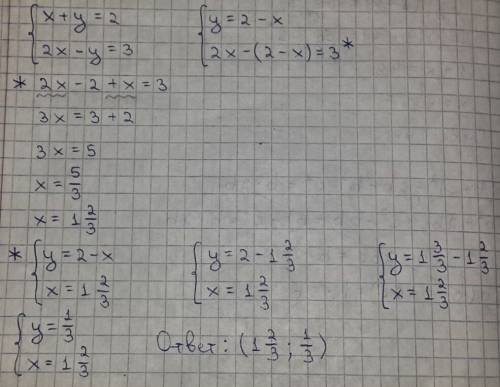 Решение системы уравнения методом подстановки х+у=2 2х-у=3