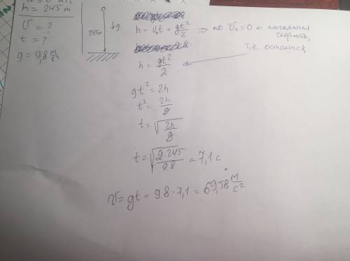 Камень падает с обрыва высотой 245 м . сколько времени падало тело? чему равна скорость при падении