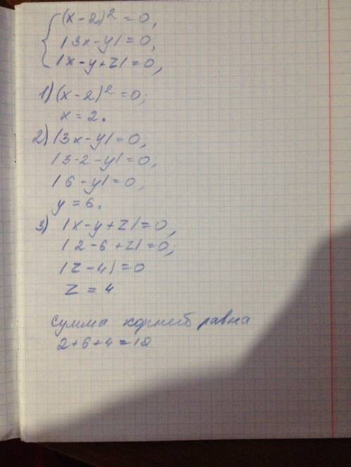 Чему равна сумма корней уравнения: | 3x - y| +(x-2)^2+|x-y+z|=0 1 .14 2.10 3 22 4 12 5 16 6 нет прав