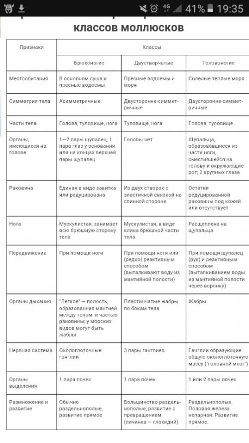 Характеристика классов молюсков таблица