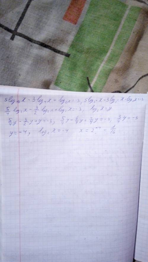 Решите уравнение: 5log16(x)-3log4(x)+log2(x)=-3