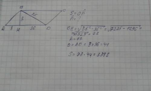 Высота bh параллелограмма abcd делит его сторону ad на отрезкам ah=8 и hd=36. диагональ параллелогра