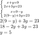 \left \{ {{x+y=9} \atop {2x+3y=23}} \right. \\ \left \{ {{x=9-y} \atop {2(9-y)+3y=23}} \right. \\ 2(9-y)+3y=23 \\ 18-2y+3y=23 \\ y=5