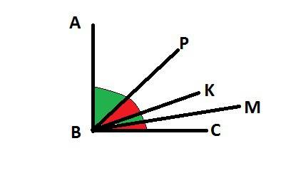 Угол abc- прямой,луч bp-биссектриса угла abk,луч bm-биссектриса угла cbk.какова градусная мера угла
