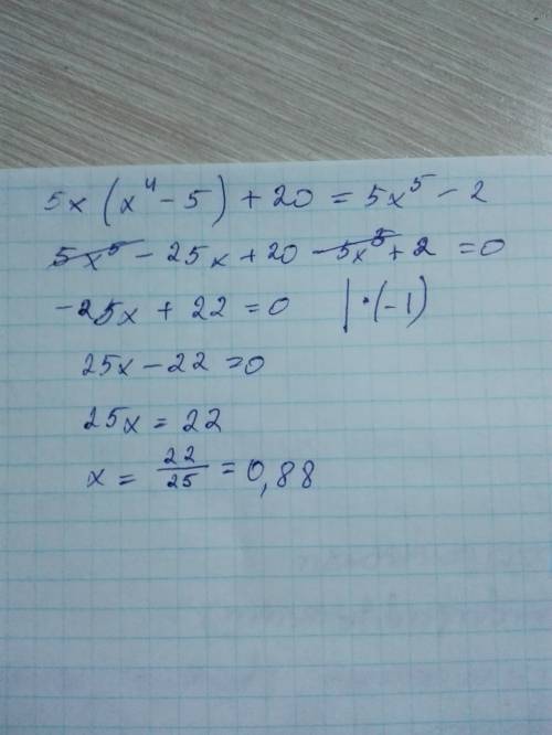 Решите уравнение 5x(x^4-5)+20=5x^5-2