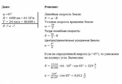 Найти скорость и центростремительное ускорение точек земной поверхности на широте 45 градусов