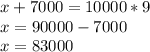 x+7000=10000*9 \\ x=90000-7000 \\ x=83000