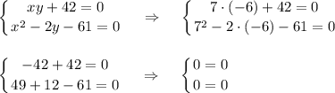 \displaystyle \left \{ {{xy+42=0} \atop {x^2-2y-61=0}} \right. ~~~\Rightarrow~~~ \left \{ {{7\cdot (-6)+42=0} \atop {7^2-2\cdot (-6)-61=0}} \right. \\ \\ \\ \left \{ {{-42+42=0} \atop {49+12-61=0}} \right.~~~\Rightarrow~~~\left \{ {{0=0} \atop {0=0}} \right.