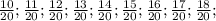 \frac{10}{20}; \frac{11}{20}; \frac{12}{20}; \frac{13}{20}; \frac{14}{20}; \frac{15}{20}; \frac{16}{20}; \frac{17}{20} ; \frac{18}{20};